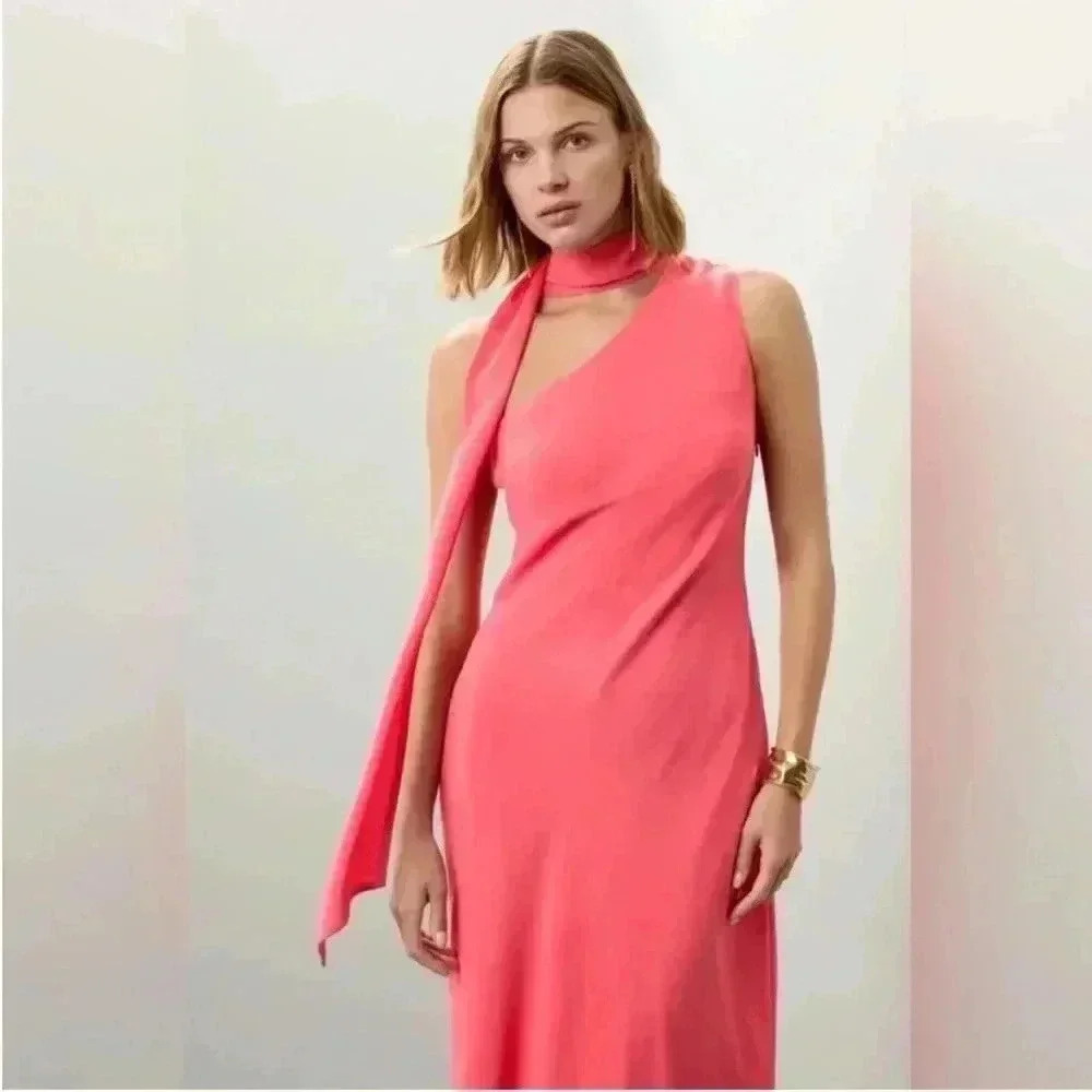 RONNY KOBO COLLECTION Coral One Shoulder Neck Tie Side Slit Midi Dress. Size 10